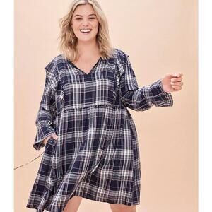 LOFT Plus Navy Blue Plaid Ruffle Swing Dress Sz 16 Long Sleeve Split Neck Lined